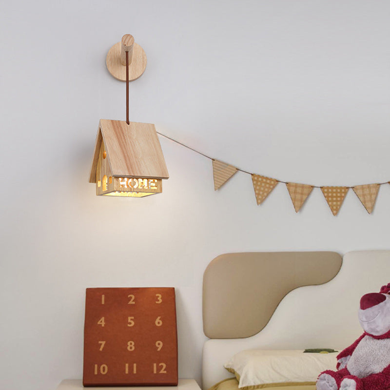 Japanese Solid Wood House Hollowed 1-Light Wall Sconce Lamp