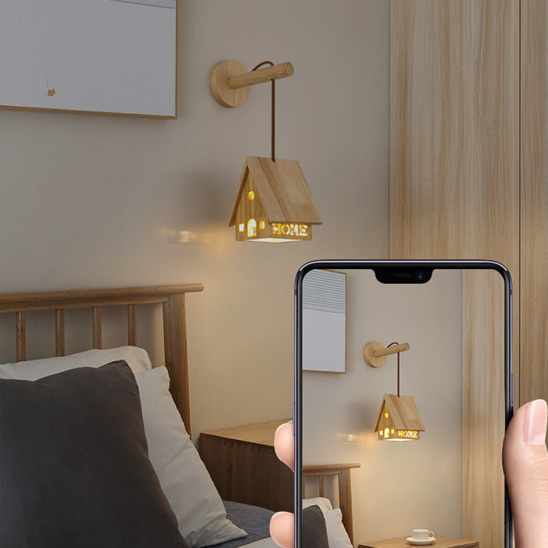 Japanese Solid Wood House Hollowed 1-Light Wall Sconce Lamp