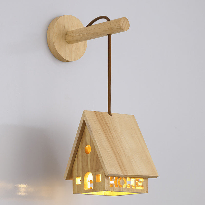 Japanese Solid Wood House Hollowed 1-Light Wall Sconce Lamp