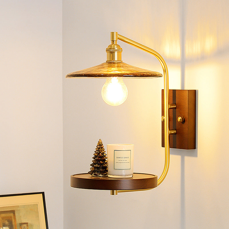 Brass Wood Shelf Disk Ice Cube 1-Light Wall Sconce Lamp