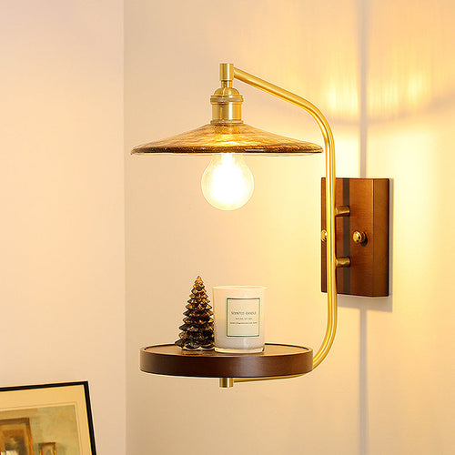 Brass Wood Shelf Disk Ice Cube 1-Light Wall Sconce Lamp