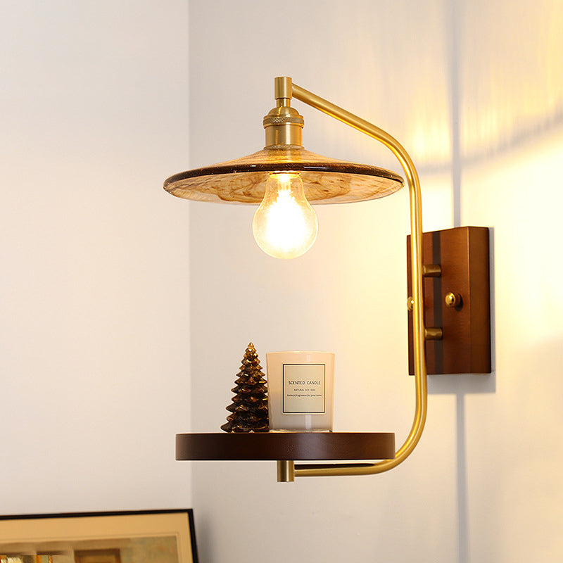 Brass Wood Shelf Disk Ice Cube 1-Light Wall Sconce Lamp