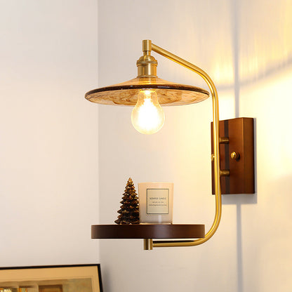 Brass Wood Shelf Disk Ice Cube 1-Light Wall Sconce Lamp