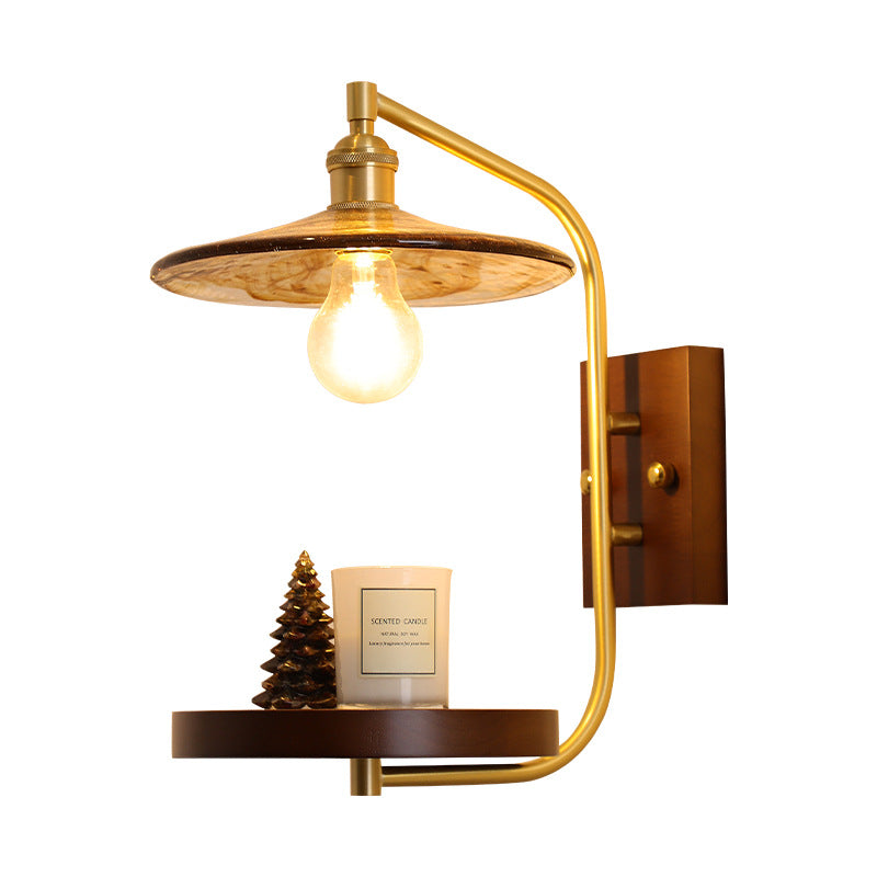 Brass Wood Shelf Disk Ice Cube 1-Light Wall Sconce Lamp
