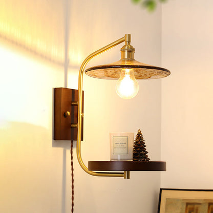 Brass Wood Shelf Disk Ice Cube 1-Light Wall Sconce Lamp