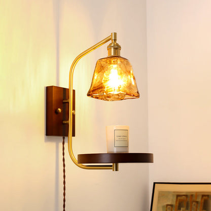 Brass Wood Shelf Disk Ice Cube 1-Light Wall Sconce Lamp