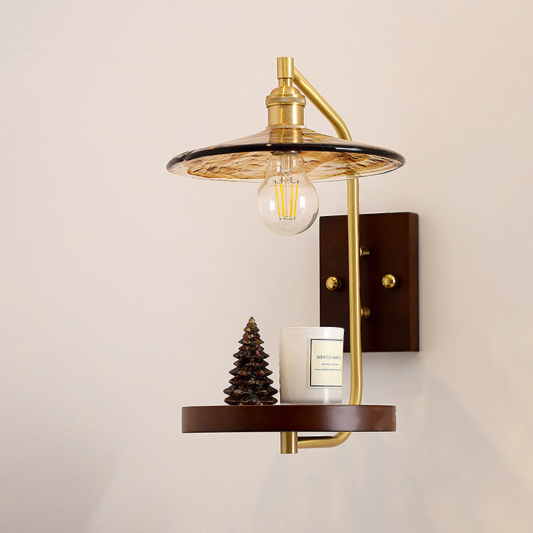 Brass Wood Shelf Disk Ice Cube 1-Light Wall Sconce Lamp