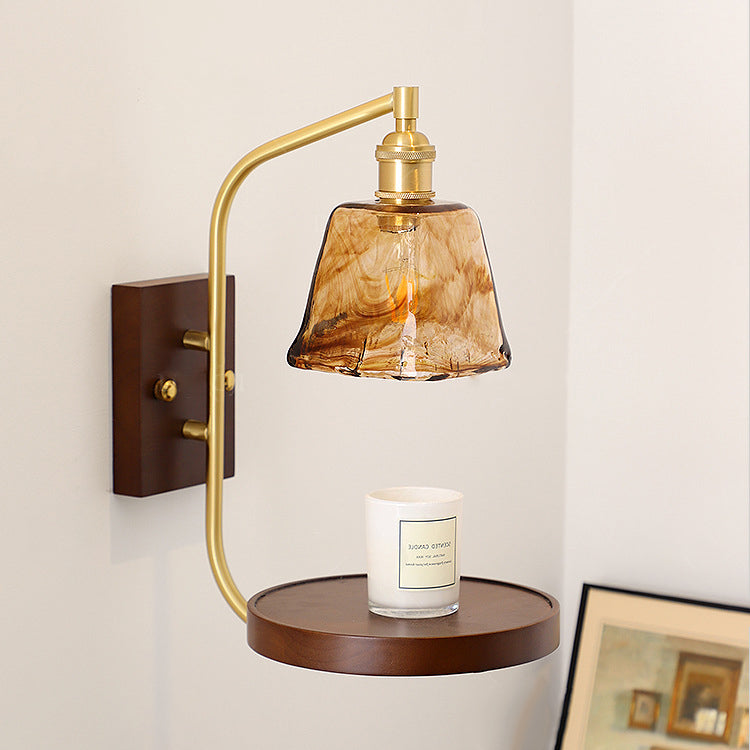 Brass Wood Shelf Disk Ice Cube 1-Light Wall Sconce Lamp