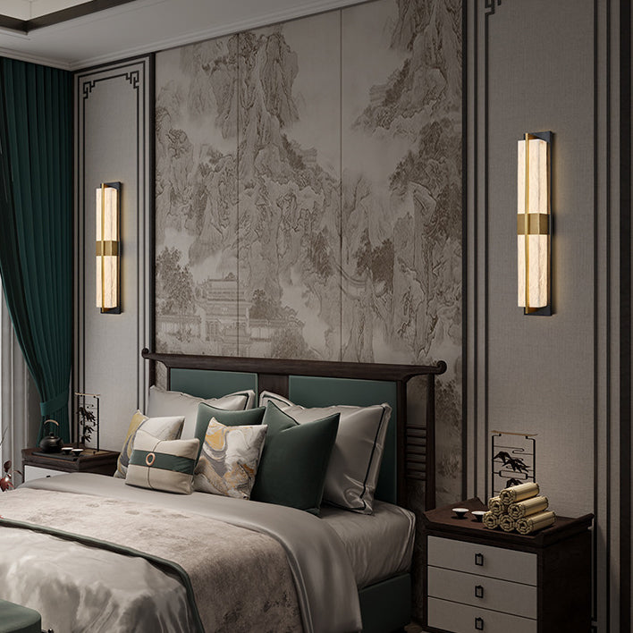 Chinese Marble Brass Rectangular LED Wall Sconce Lamp