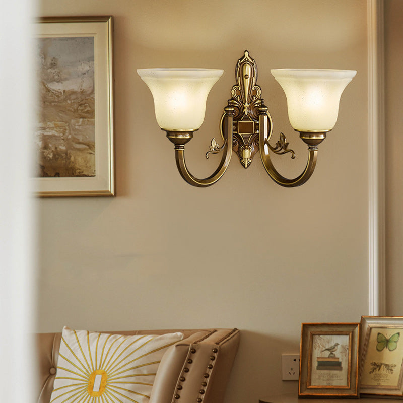 Brass Glass Horn Shape Carved 1/2 Light Wall Sconce Lamp