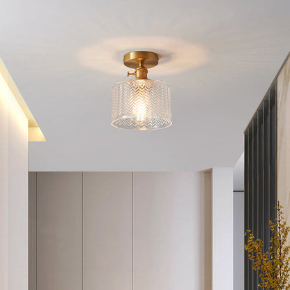 Traditional Japanese Brass Glass Bowl Cylinder Ripple 1-Light Semi-Flush Mount Ceiling Light For Hallway