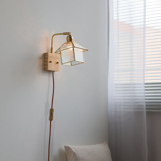 Wood Glass Adjustable House Zipper 1-Light Wall Sconce Lamp