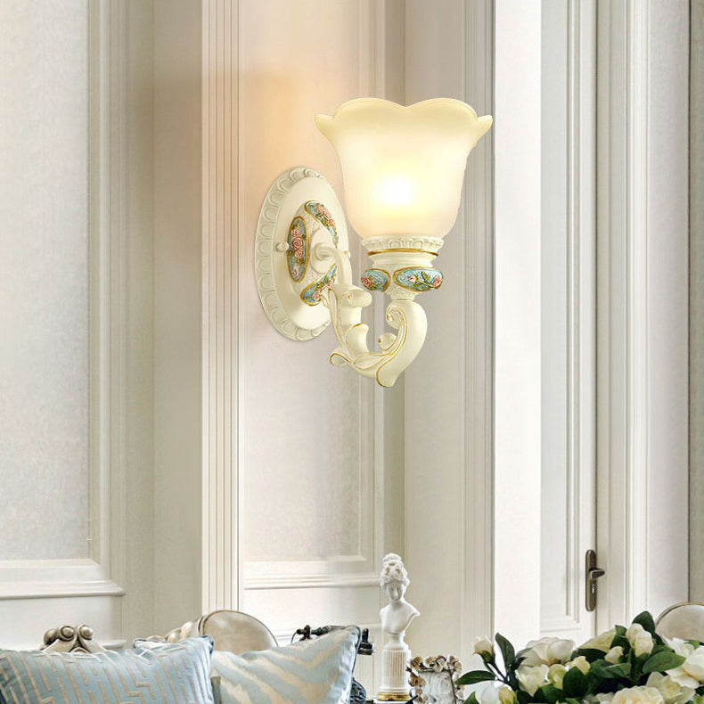 European Resin Glass Floral Carved 1-Light Wall Sconce Lamp