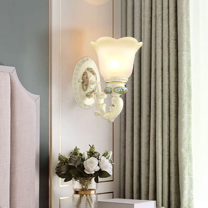 European Resin Glass Floral Carved 1-Light Wall Sconce Lamp