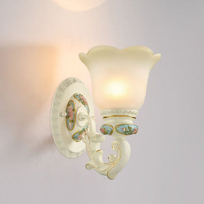 European Resin Glass Floral Carved 1-Light Wall Sconce Lamp