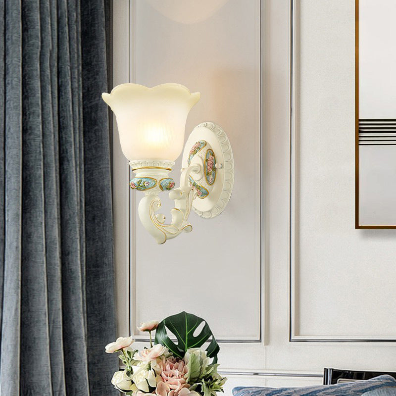 European Resin Glass Floral Carved 1-Light Wall Sconce Lamp