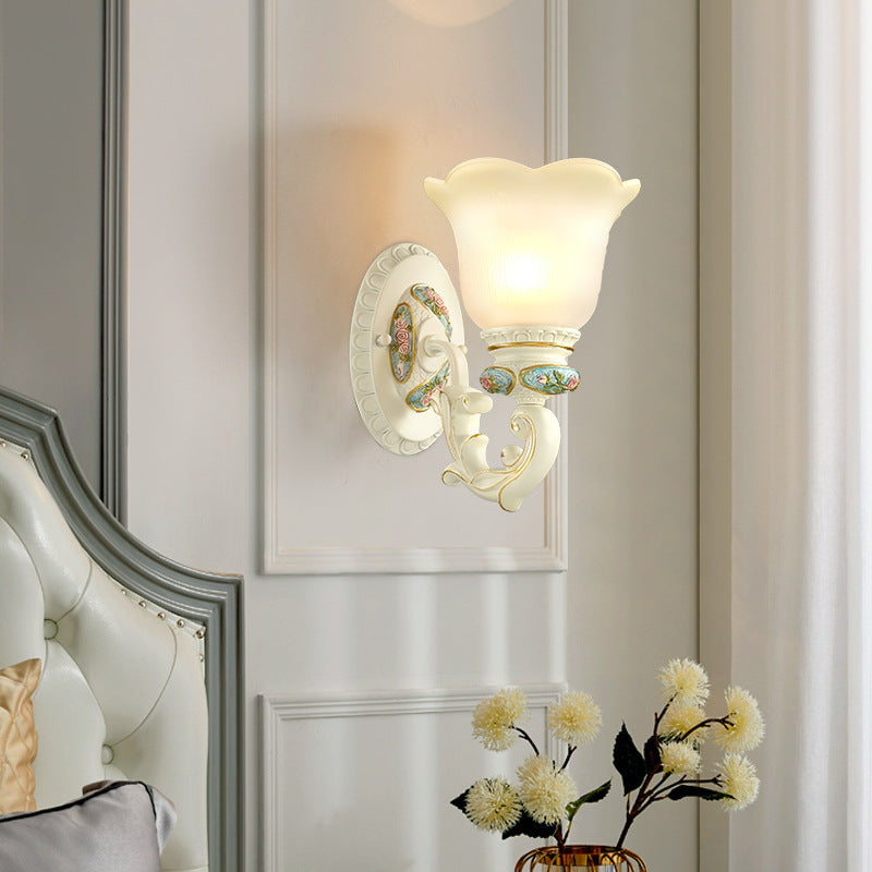 European Resin Glass Floral Carved 1-Light Wall Sconce Lamp