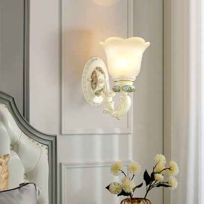 European Resin Glass Floral Carved 1-Light Wall Sconce Lamp
