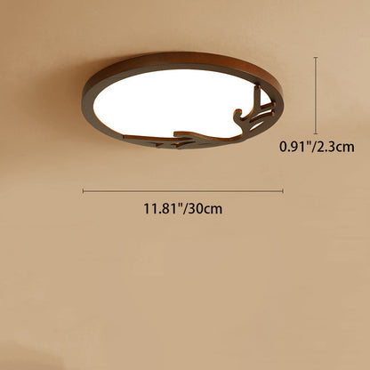 Traditional Rustic Metal Rubber Wood Acrylic Round Deer Horn LED Flush Mount Ceiling Light For Bedroom
