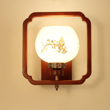 Chinese Flower Square Round Bird 1-Light Wall Sconce Lamp