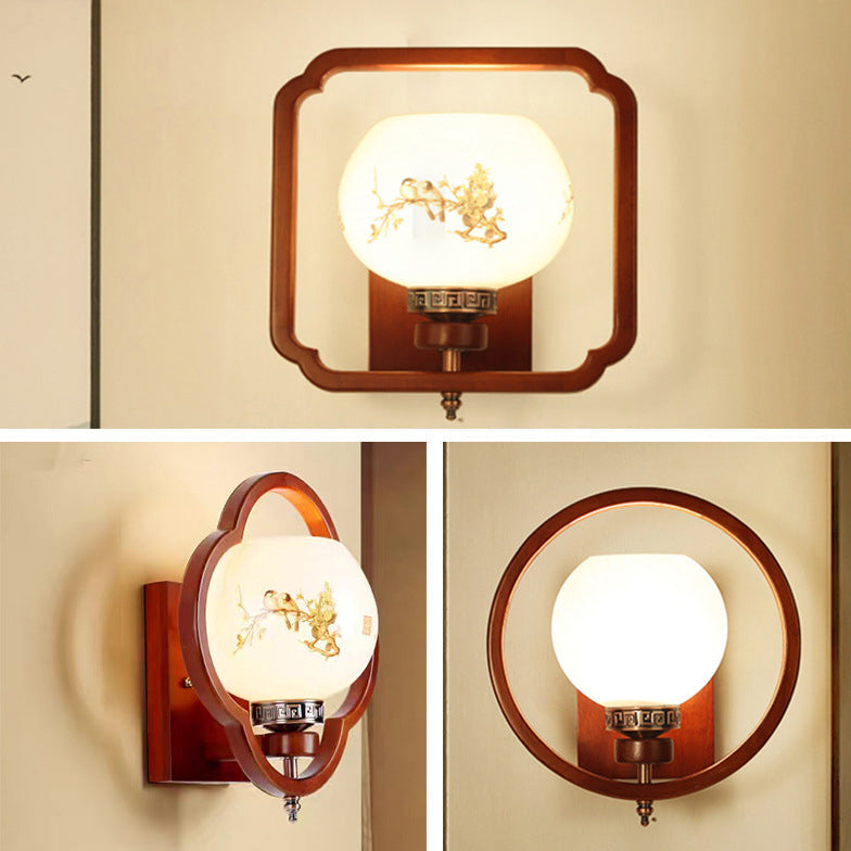 Chinese Flower Square Round Bird 1-Light Wall Sconce Lamp
