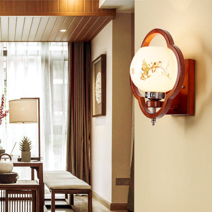 Chinese Flower Square Round Bird 1-Light Wall Sconce Lamp