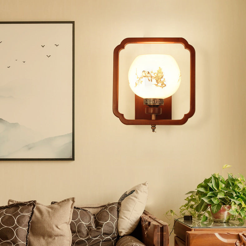 Chinese Flower Square Round Bird 1-Light Wall Sconce Lamp
