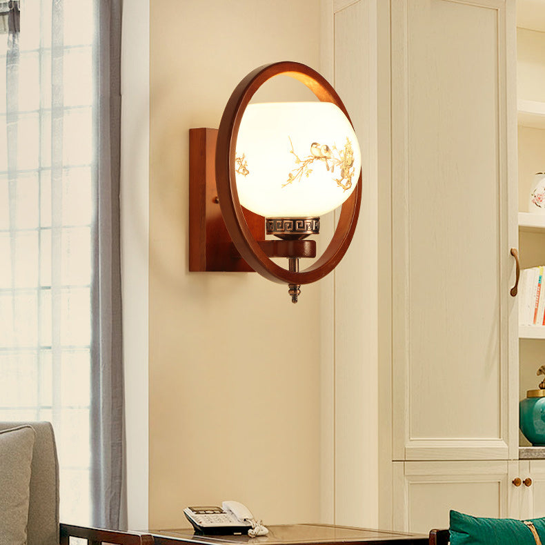 Chinese Flower Square Round Bird 1-Light Wall Sconce Lamp