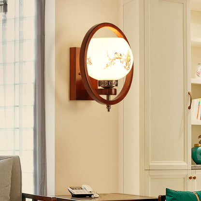 Chinese Flower Square Round Bird 1-Light Wall Sconce Lamp