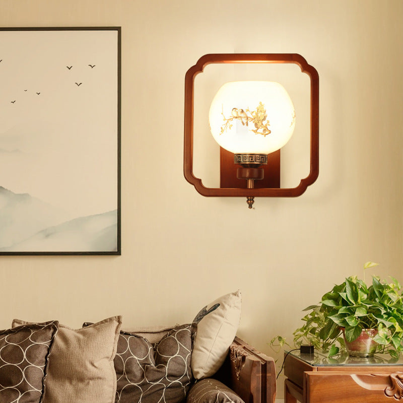 Chinese Flower Square Round Bird 1-Light Wall Sconce Lamp