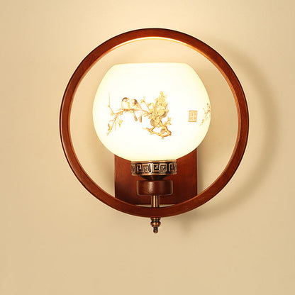Chinese Flower Square Round Bird 1-Light Wall Sconce Lamp