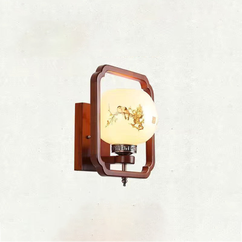Chinese Flower Square Round Bird 1-Light Wall Sconce Lamp