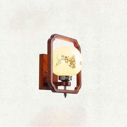 Chinese Flower Square Round Bird 1-Light Wall Sconce Lamp