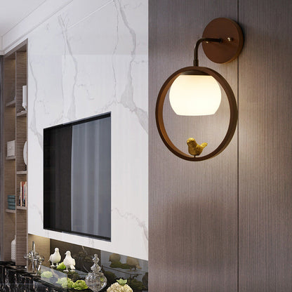 Chinese Wood Glass Round Bird 1-Light Wall Sconce Lamp