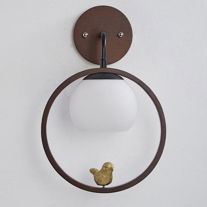 Chinese Wood Glass Round Bird 1-Light Wall Sconce Lamp
