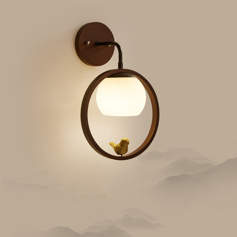 Chinese Wood Glass Round Bird 1-Light Wall Sconce Lamp