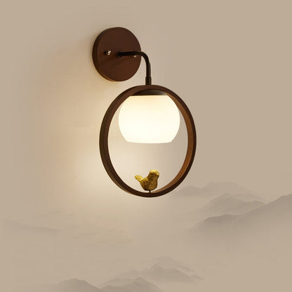 Chinese Wood Glass Round Bird 1-Light Wall Sconce Lamp