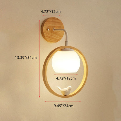 Chinese Wood Glass Round Bird 1-Light Wall Sconce Lamp