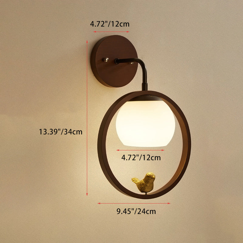 Chinese Wood Glass Round Bird 1-Light Wall Sconce Lamp