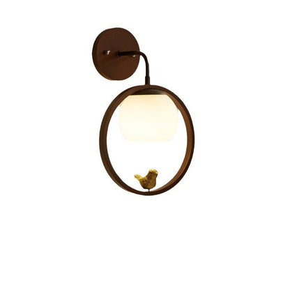 Chinese Wood Glass Round Bird 1-Light Wall Sconce Lamp