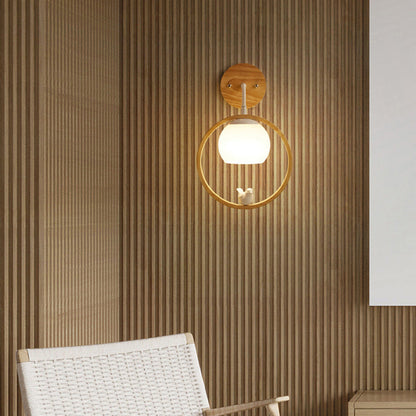 Chinese Wood Glass Round Bird 1-Light Wall Sconce Lamp