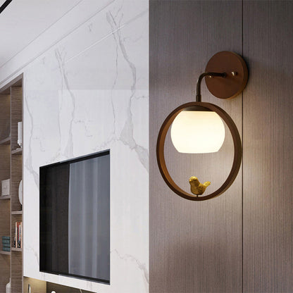 Chinese Wood Glass Round Bird 1-Light Wall Sconce Lamp