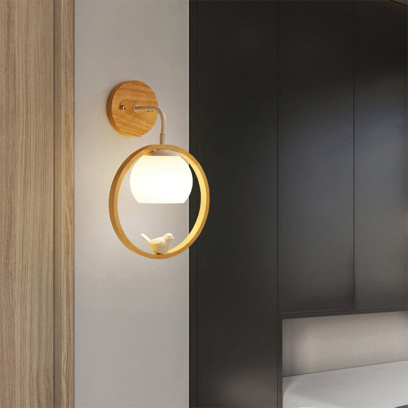 Chinese Wood Glass Round Bird 1-Light Wall Sconce Lamp