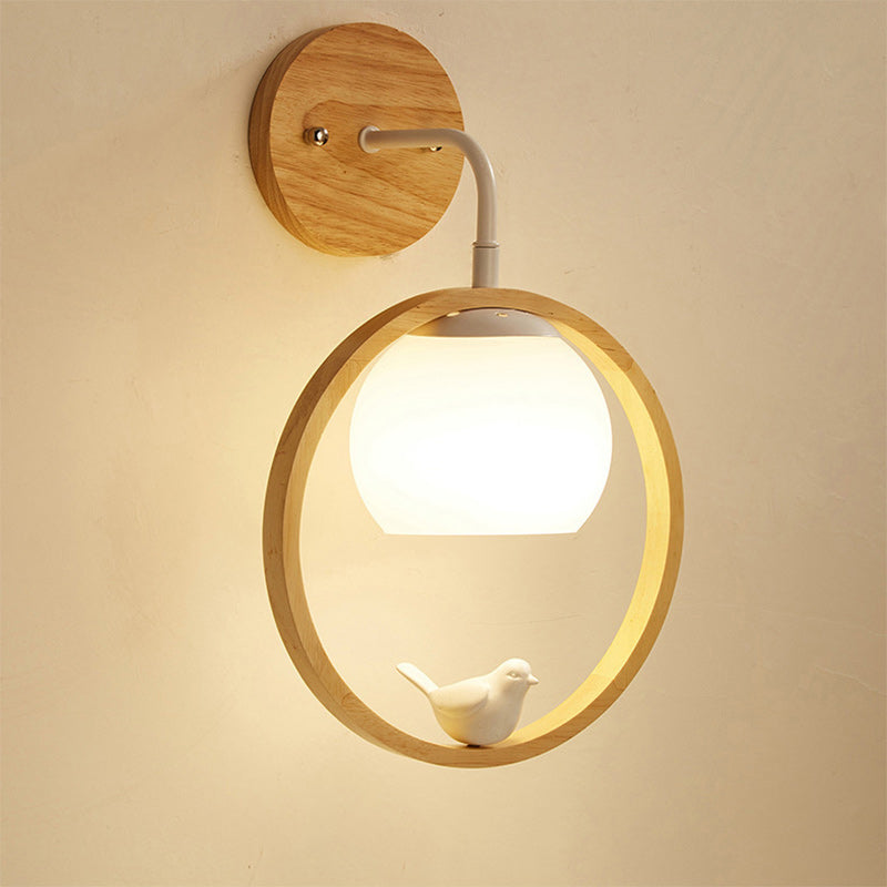 Chinese Wood Glass Round Bird 1-Light Wall Sconce Lamp