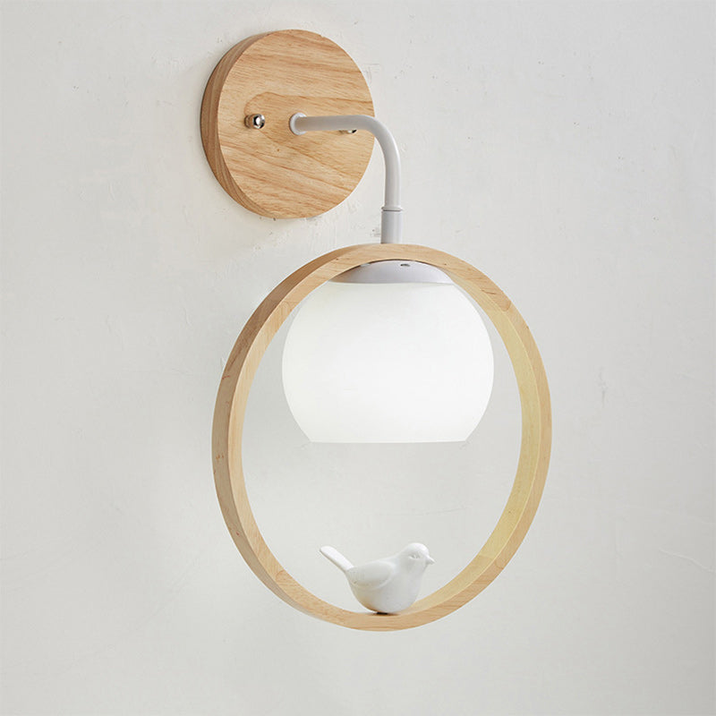 Chinese Wood Glass Round Bird 1-Light Wall Sconce Lamp