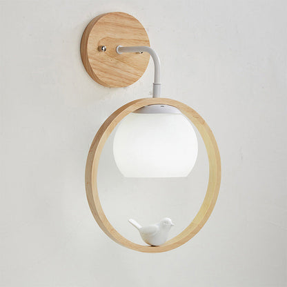 Chinese Wood Glass Round Bird 1-Light Wall Sconce Lamp