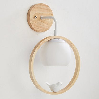 Chinese Wood Glass Round Bird 1-Light Wall Sconce Lamp