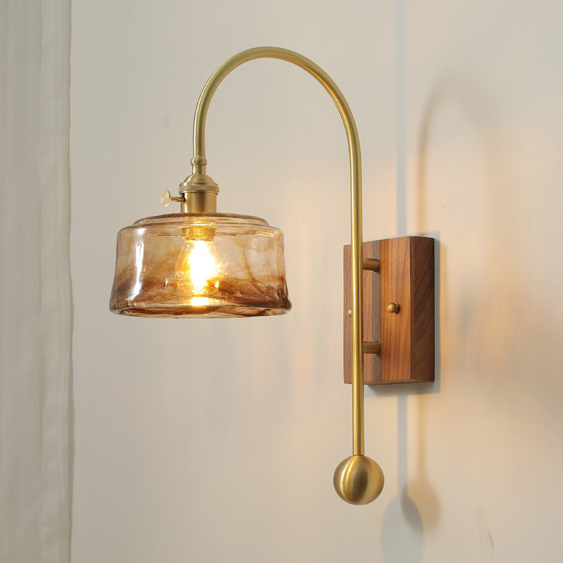 Brass Walnut Glass Round Diamond 1-Light Wall Sconce Lamp