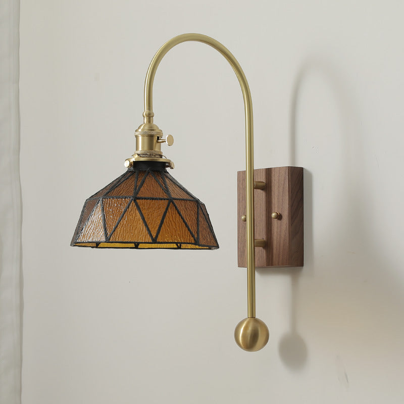Brass Walnut Glass Round Diamond 1-Light Wall Sconce Lamp