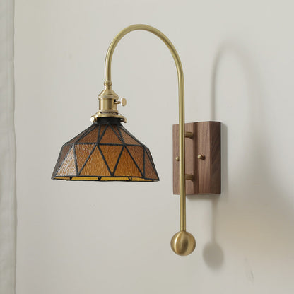 Brass Walnut Glass Round Diamond 1-Light Wall Sconce Lamp